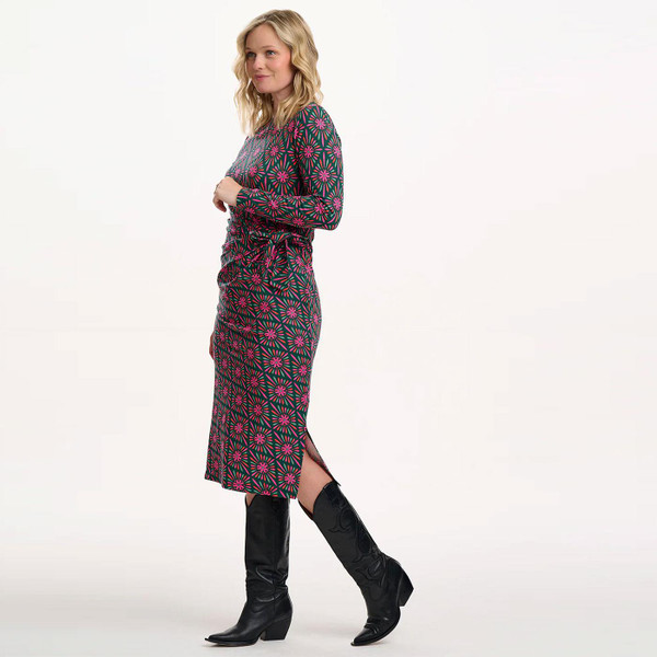 Claudia Sugarhill Brighton Jersey Tie. Midi Dress in Green Flower Explosion D1354 Model Side