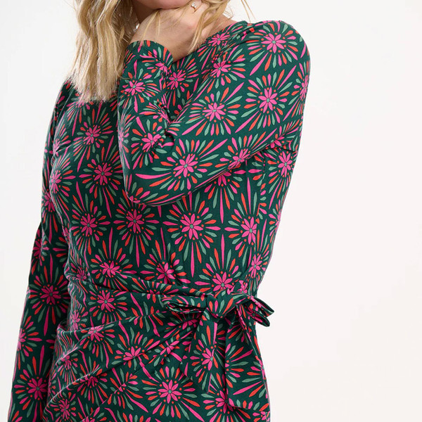 Claudia Sugarhill Brighton Jersey Tie. Midi Dress in Green Flower Explosion D1354 Close Up
