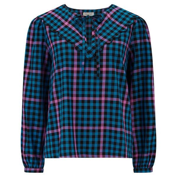 Sugarhill Brighton Nessie Retro Scallop Collar Gingham Blouse Black and Teal T0968