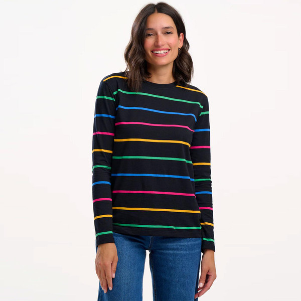 Sugarhill Brighton Brusnwick Nightglow Stripe Retro Jersey Top in Black Model Photo