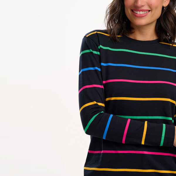 Sugarhill Brighton Brusnwick Nightglow Stripe Retro Jersey Top in Black Close Up