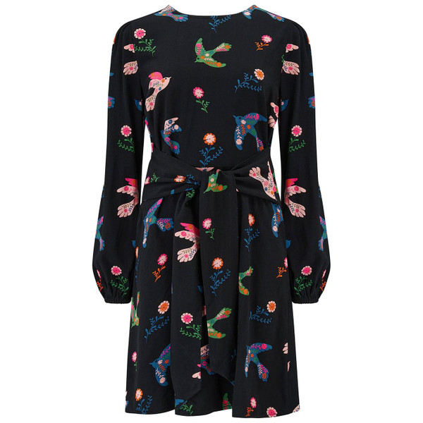 Sugarhill Brighton Oksana Rainbow Folk Bird Mini Dress in Black