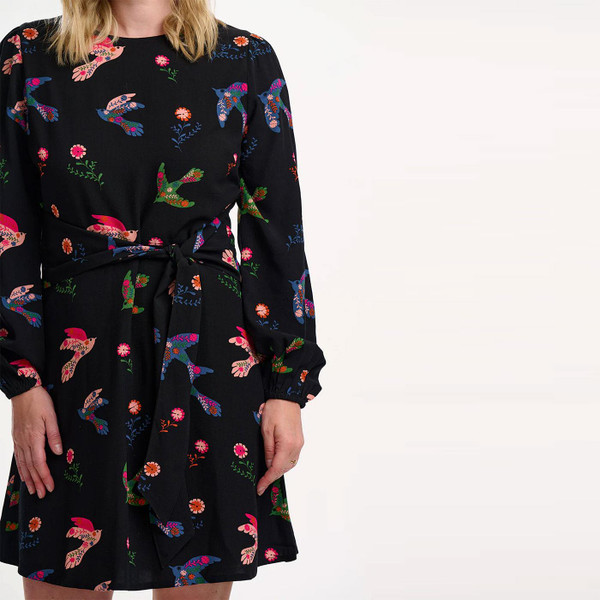Sugarhill Brighton Oksana Rainbow Folk Bird Mini Dress in Black Close Up