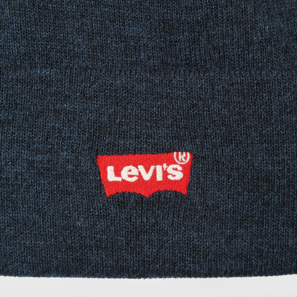 Levi's Retro Embroidered Batwing Knitted Beanie Hat in Blue Close Up on Badge