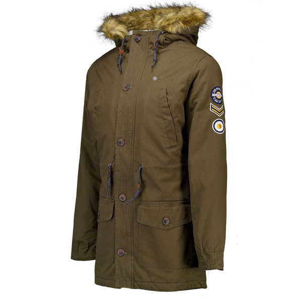 Sleeve badges on Lambretta Mod Sherpa Lined Hooded Fishtail Parka in Khaki Green
