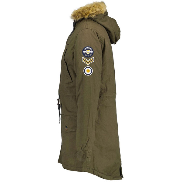 Side of Lambretta Mod Sherpa Lined Hooded Fishtail Parka in Khaki Green