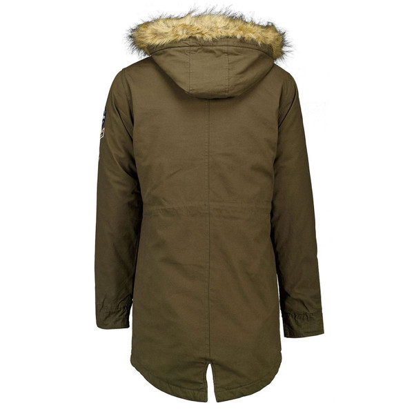 Back of Lambretta Mod Sherpa Lined Hooded Fishtail Parka in Khaki Green