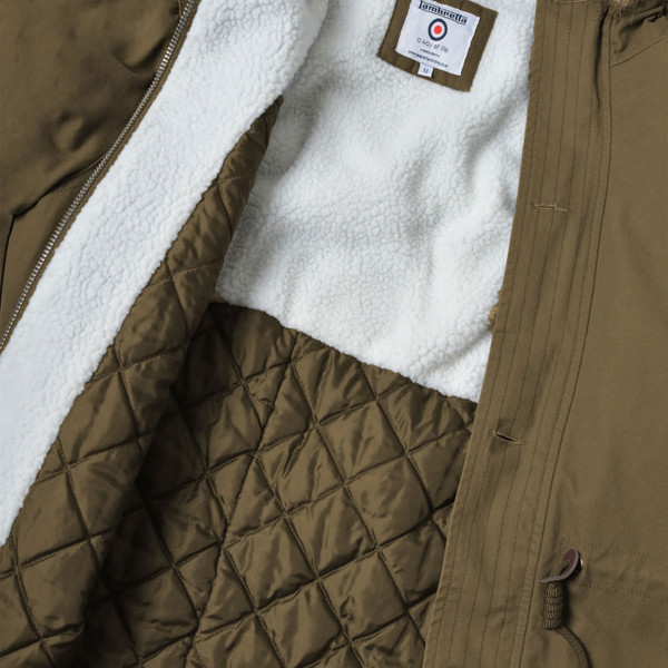Sherpa and quilted lining inside Lambretta Mod Sherpa Lined Hooded Fishtail Parka in Khaki Green