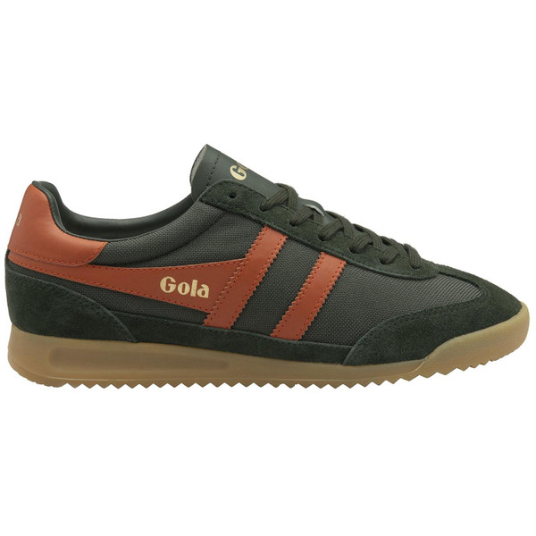 Gola Tornado Retro Trainers in Dark Khaki and Moody Orange CMB623AU Side Photo