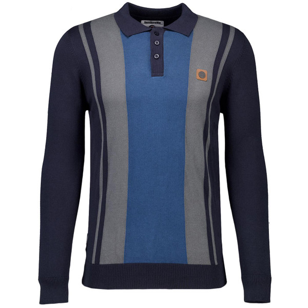 Lambretta 60s Mod Stripe Panel Knitted Long Sleeve Polo Shirt in Navy SS1535