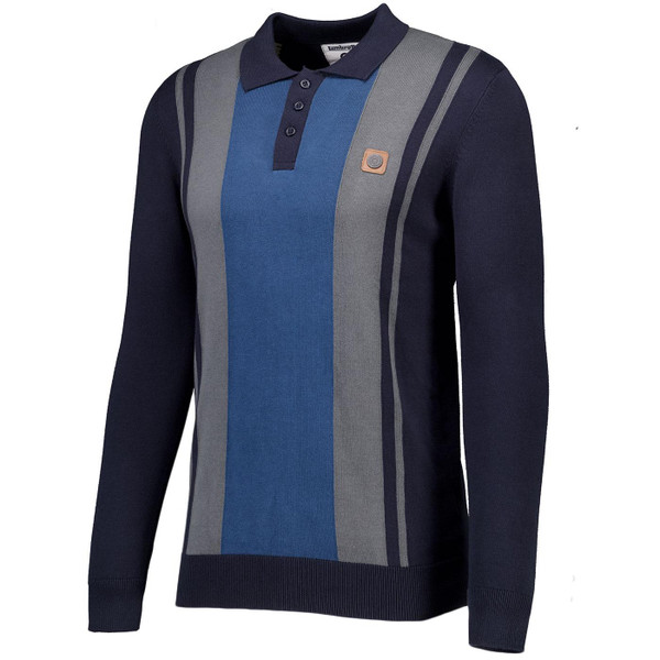 Lambretta 60s Mod Stripe Panel Knitted Long Sleeve Polo Shirt in Navy SS1535 Side View