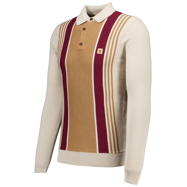 Side View of the Gabicci Vintage Searle Mod Stripe Knitted Polo Shirt in Linen
