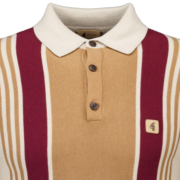 Close up on the Gabicci Vintage Searle Mod Stripe Knitted Polo Shirt in Linen