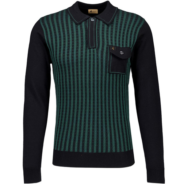 Gabicci Vintage Hansen Archive Knitted Polo Shirt with Textured Stripes and Pocket