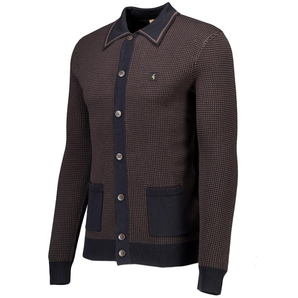 Gabicci Vintage Noel Waffle Textured Knitted Polo Cardigan in Black Side View