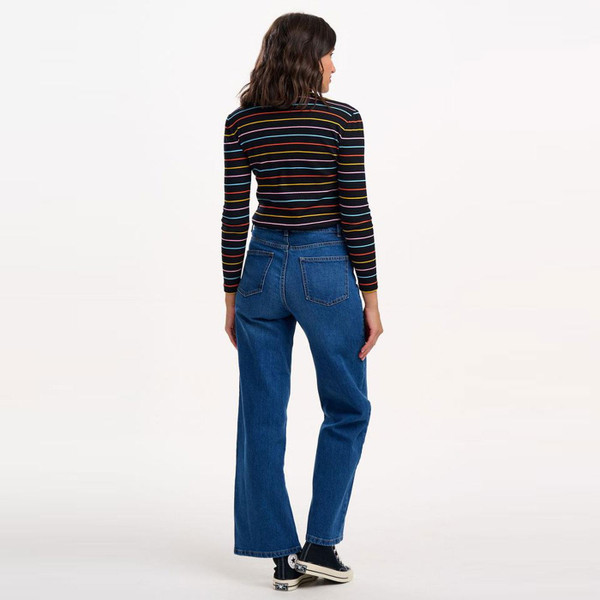 Reverse of Sugarhill Brighton Emmy Turtleneck Rib Top in Black with rainbow stripe T0974