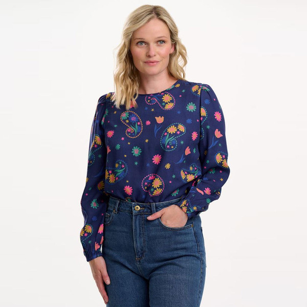 Model wears Sugarhill Brighton Elaina Blooming Paisley Print Blouse Top in Bright Navy T0965