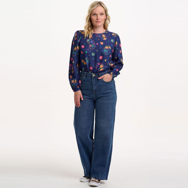 Full length shot of Sugarhill Brighton Elaina Blooming Paisley Print Blouse Top in Bright Navy T0965
