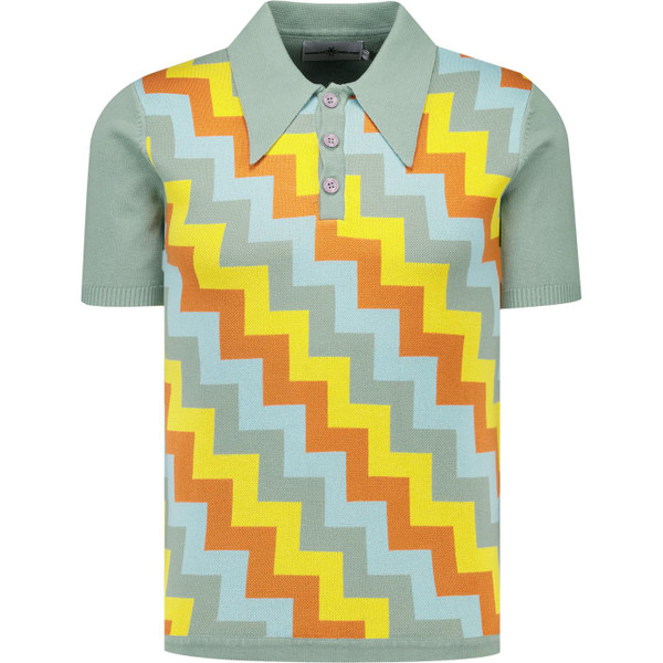madcap england mens 70s jacquard step pattern knitted polo tshirt lilypad green