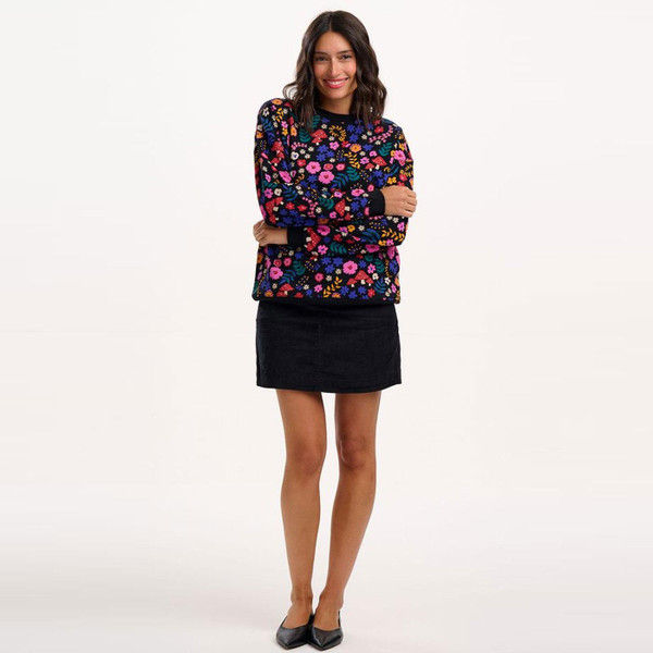 Model wearing Sugarhill Brighton Noah Toadstool Autumn Sweatshirt in Black SW0181