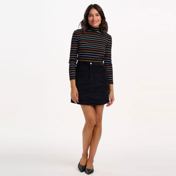 Woman wearing Sugarhill Brighton Alice Black Corduroy Retro 60s Mini Skirt	