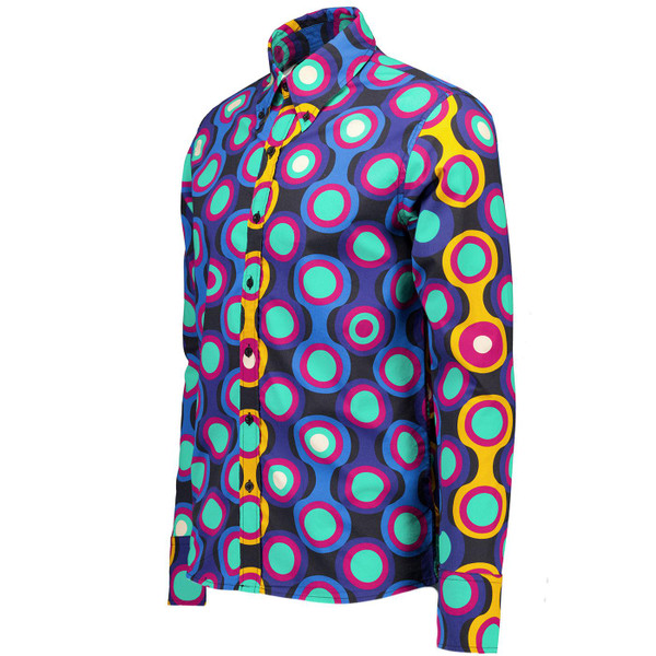 Madcap England Trip Psych-Out Abstract Mod Target Print Button Down Shirt in Jet Set Side View Madcap England Trip Psych-Out Abstract Mod Target Print Button Down Shirt in Jet Set Side View