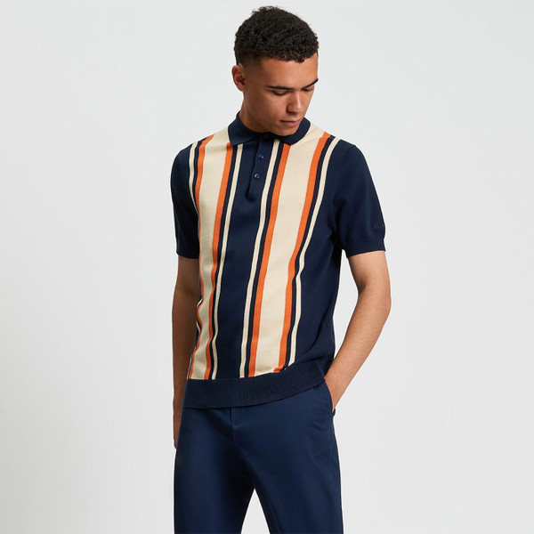 Ben Sherman 1960s Mod Vertical Stripe Knitted Polo Shirt in Dark Navy 1013023 025 Pictured on Model from side