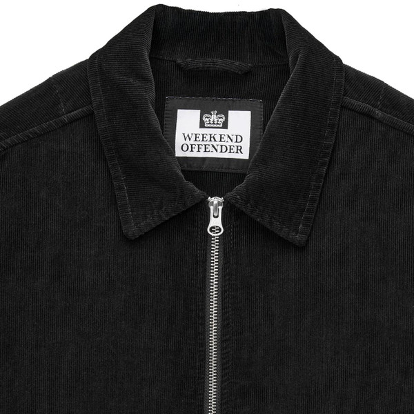 Collar and zip on Weekend Offender Croft Zip Through Cord Overshirt in Black OS3A13