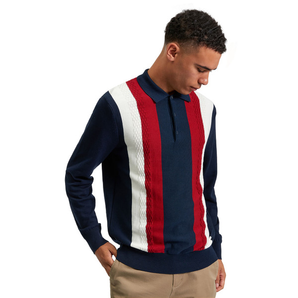 Picture of model wearing the Ben Sherman Long Sleeve Stripe Panel Knitted Polo Shirt with Textured Cable Knit Detail taken from side.