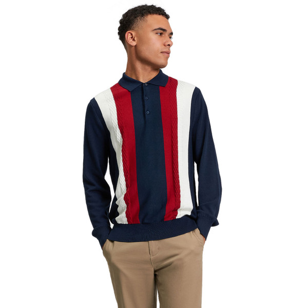 Picture of model wearing the Ben Sherman Long Sleeve Stripe Panel Knitted Polo Shirt with Textured Cable Knit Detail