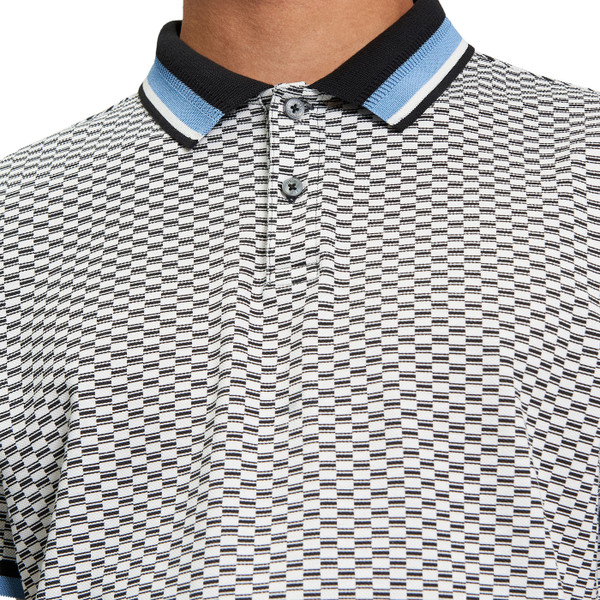 Picture of Model Wearing the Ben Sherman Men's Mod Ska Chequerboard Polo Shirt in Black 1013057 290 Close up on fabric