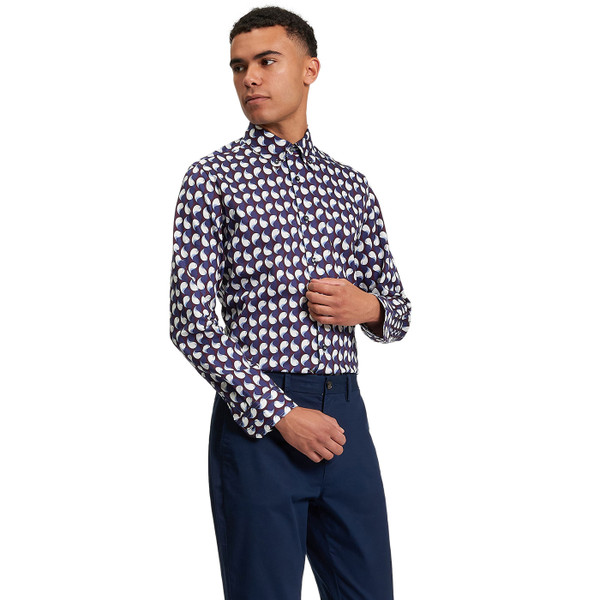 Picture of model wearing the Ben Sherman Modernist Geo Paisley Button Down Shirt in Dark Wine 1013082 103 taken from side