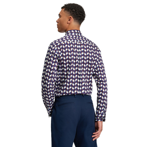 Picture of model wearing the Ben Sherman Modernist Geo Paisley Button Down Shirt in Dark Wine 1013082 103 taken from back