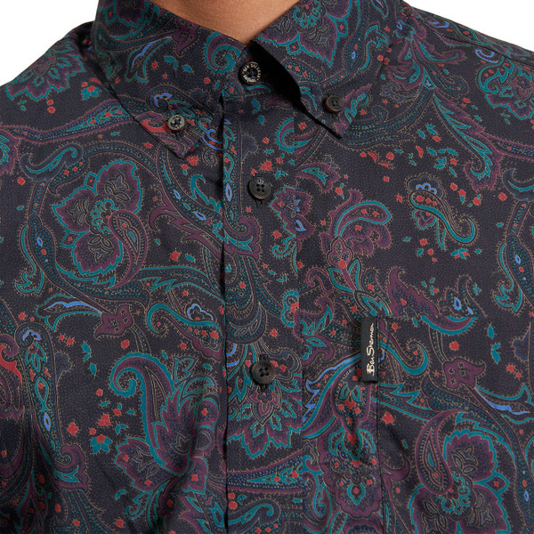 Ben Sherman Mod Button Down Paisley Shirt with Subtle Tonal Print in Black close up on fabric.