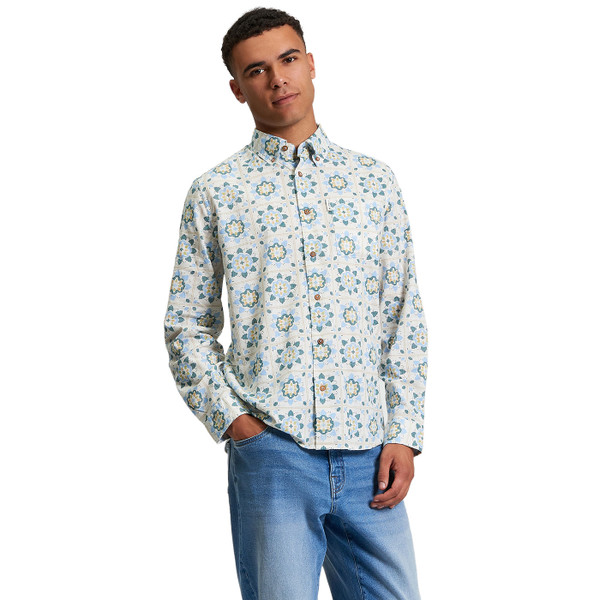 Picture of Model wearing the Ben Sherman British Craft Retro Ornate Print Button Down Shirt in Ivory