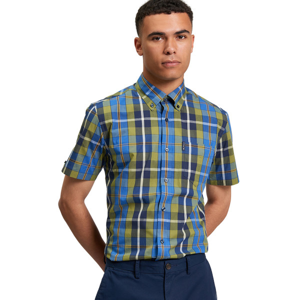 Picture of model wearing the Ben Sherman Men's Mod Revival Classic Check Button Down Short Sleeve Shirt in Green