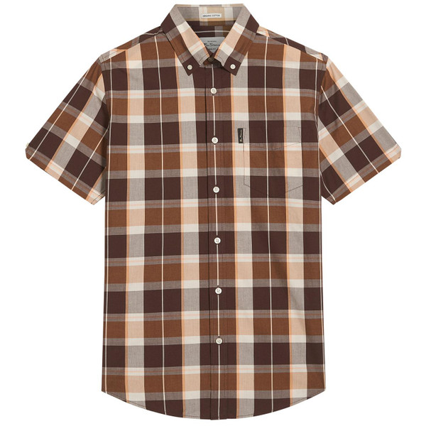 Ben Sherman Men's Mod Block Check Button Down Short Sleeve Shirt in Dark Brown