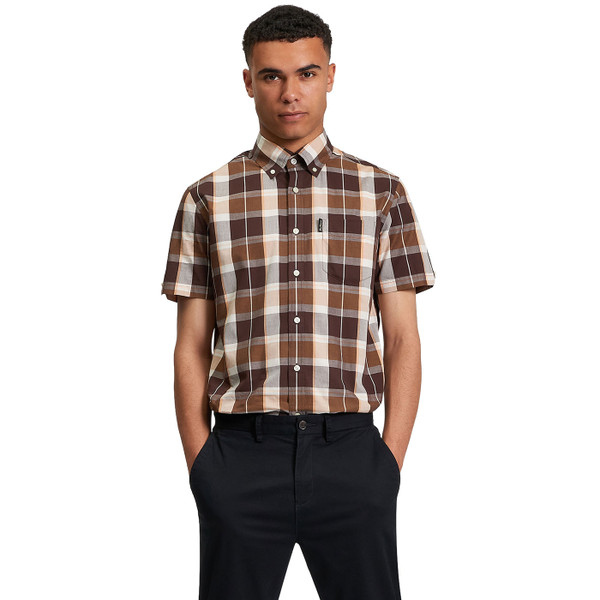 Picture of model wearing the Ben Sherman Men's Mod Block Check Button Down Short Sleeve Shirt in Dark Brown front view