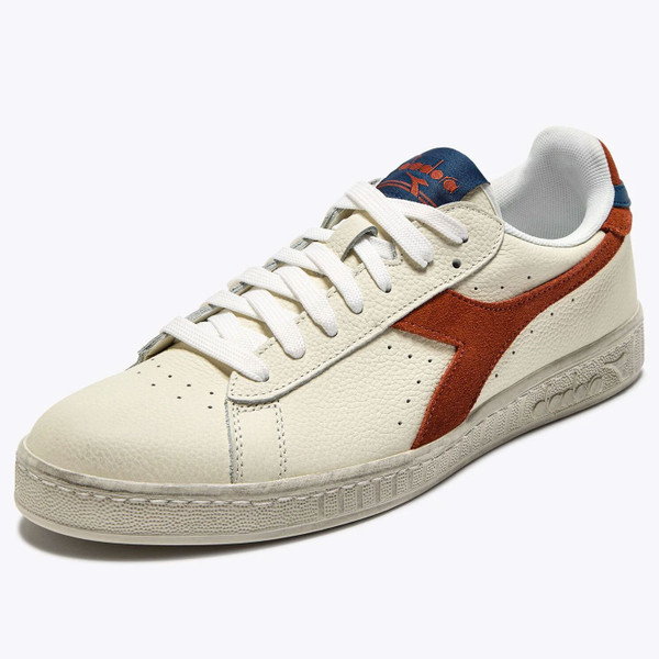 Front view of Diadora Game Low Waxed Suede Vintage Effect Trainers in Off White/Rust 501.180188 D0855