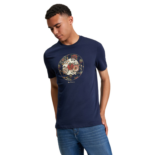 Ben Sherman Men's Pop Art Floral Mod Target T-shirt in Dark Navy pictured on model from front