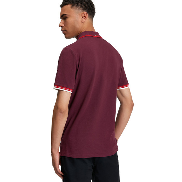 Model wearing the Ben Sherman Retro Tipped Pique Polo Shirt inn Wine 1012790 103 back view