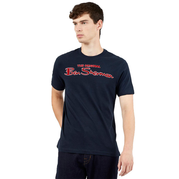 BEN SHERMAN Mens Retro Signautre Logo Tee in Dark Navy