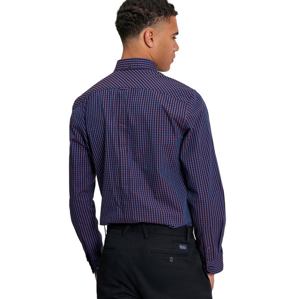 Picture of model wearing the Ben Sherman Men's Mod Button Down Gingham Shirt in Red 1012492 550 back view