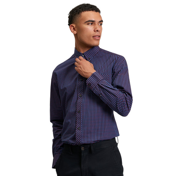 Picture of model wearing the Ben Sherman Men's Mod Button Down Gingham Shirt in Red 1012492 550 hand at top button