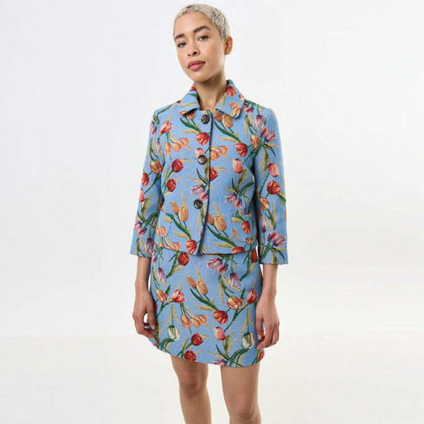Louche London Salut Retro Tulip Jacquard Short Jacket in Blue