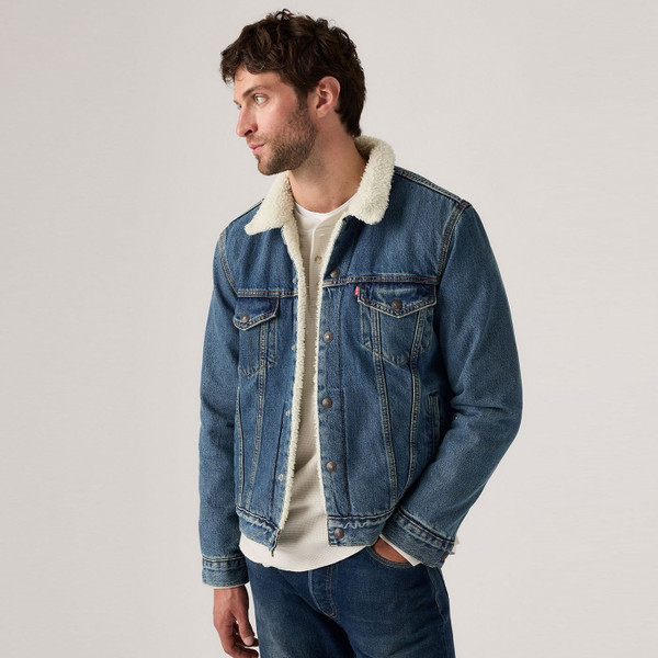 Picture of model wearing the Levi's Type 3 Sherpa Denim Jacket in Stonewash 163650292 side view