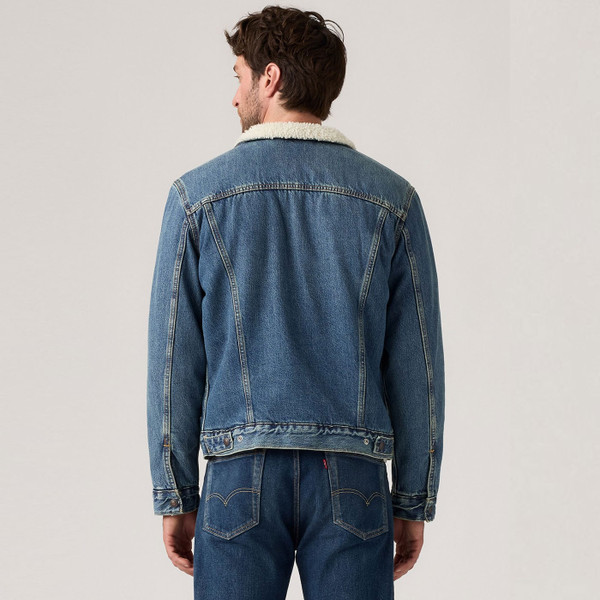 Picture of model wearing the Levi's Type 3 Sherpa Denim Jacket in Stonewash 163650292 back view