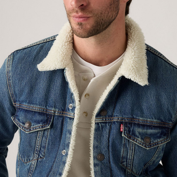 Picture of model wearing the Levi's Type 3 Sherpa Denim Jacket in Stonewash 163650292 close up