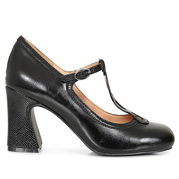 Side view of Banned Apparel Mod Muse T-Strap Black Heels 60s Shoes SE71240