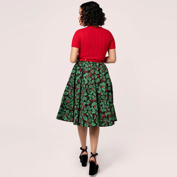 Full lenght Back of Hell Bunny Nicole Retro 50s Holly Print Flared Circle Skirt in Black and Green
